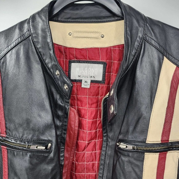 Vintage WILSON LEATHER M.JULIAN Moto Jacket Asymmetric Sleeve Stripes Mens XL - Picture 2 of 16